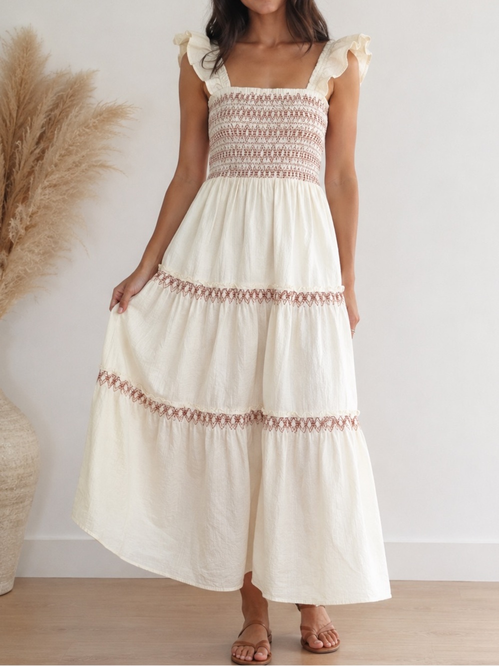 Sim & Sam Smocked Tiered Maxi Dress Cream Cotton Ruffle Strap Size M NWOT